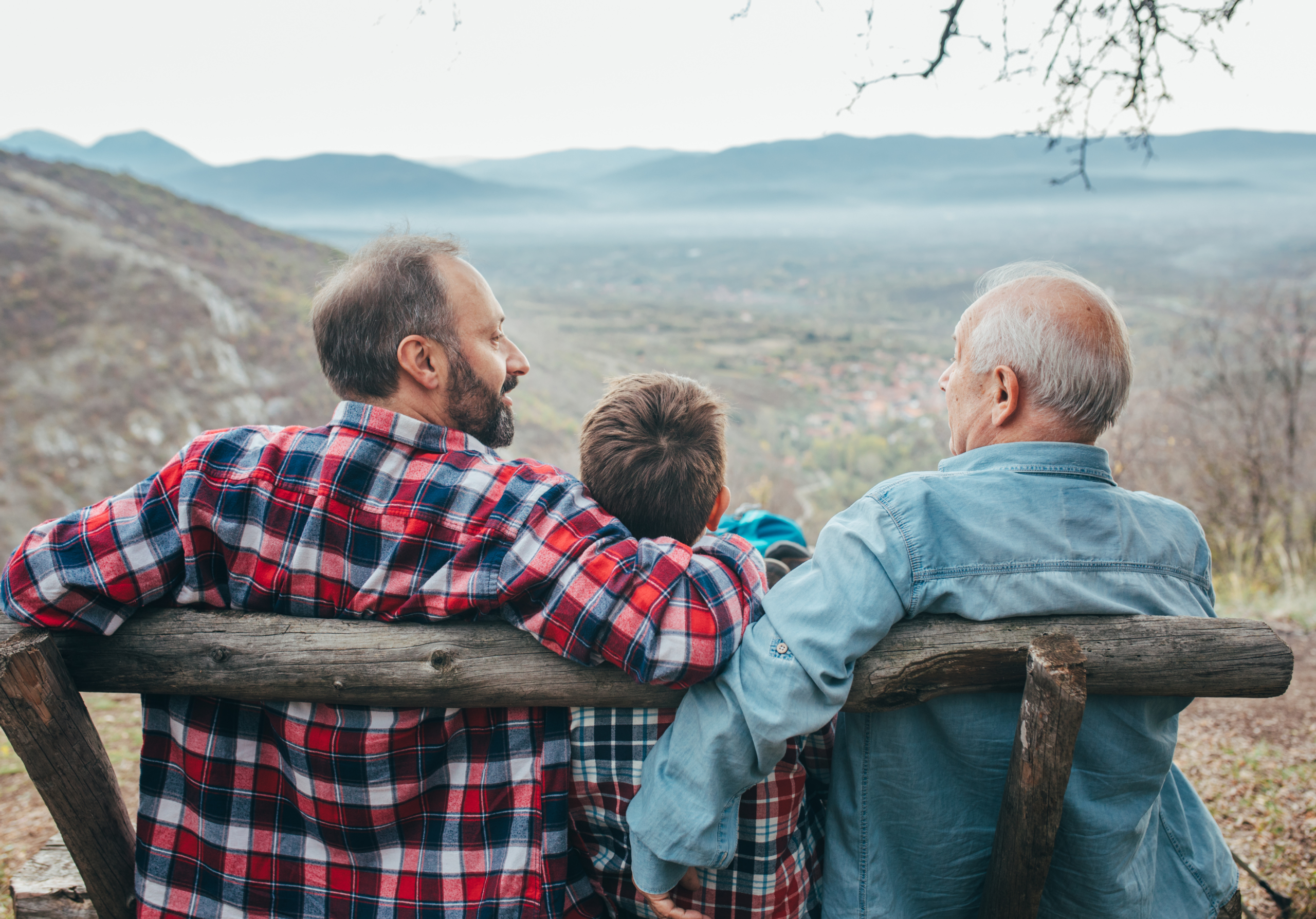 Three male members of a family sat overlooking farmland.